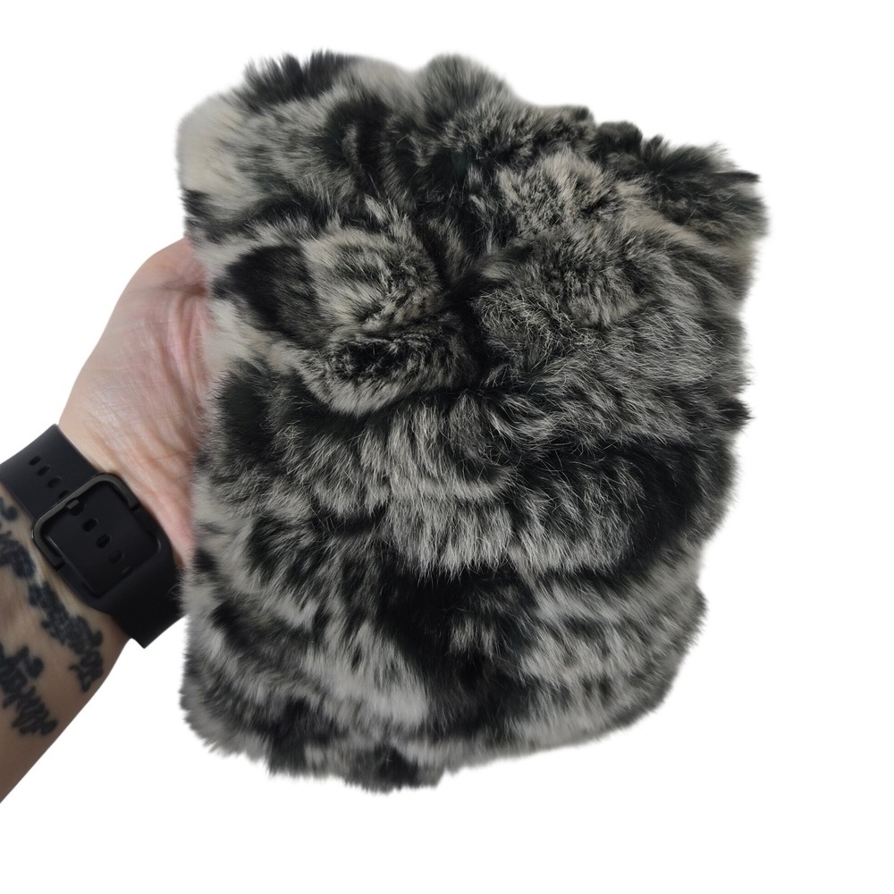 La Fiorentina Real Rex Rabbit Fur Headband Ear Muff Black Gray Spotted